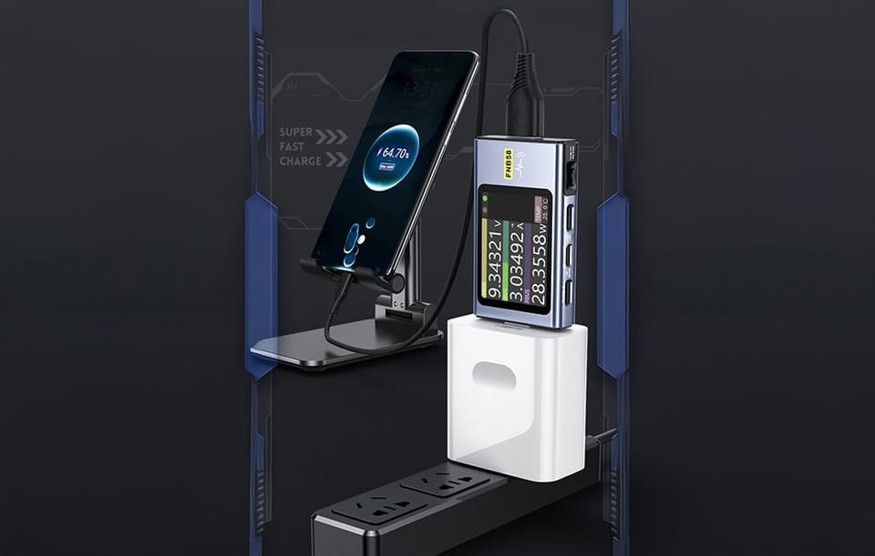 tester portu podłączony do adaptera i do smartfona 