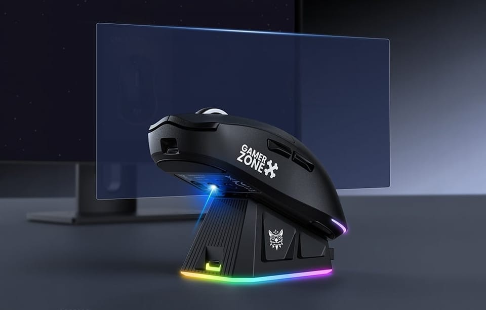 Mysz gamingowa z bazą ładującą na czarnym biurku, w tle monitor