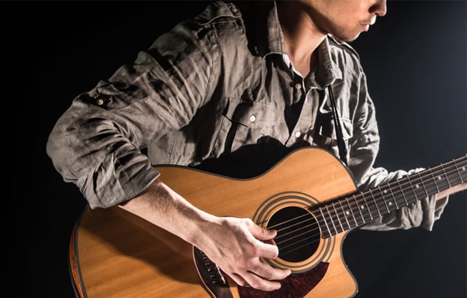 mężczyzna grający na gitarze, której dźwięk rejestrowany jest przez mikrofon Maono WM622 PC2