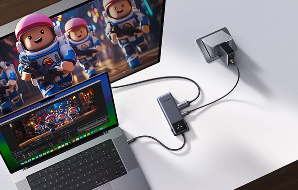 Laptop podłączony do huba USB UGREEN oraz monitora wyświetlającego animację z postaciami w skafandrach kosmicznych.