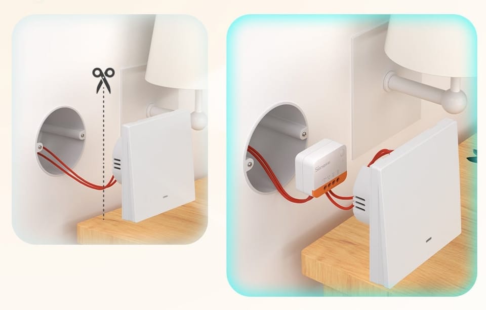 Dwa etapy instalacji modułu Sonoff ZBMINI Extreme przy łóżku, z przecięciem przewodu i podłączeniem do urządzenia