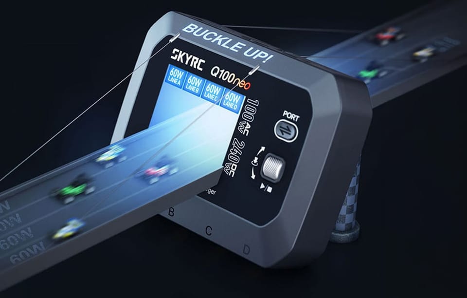 Ładowarka SKYRC Q100neo z graficzną ilustracją wielu kanałów ładowania oznaczonych jako 60W.