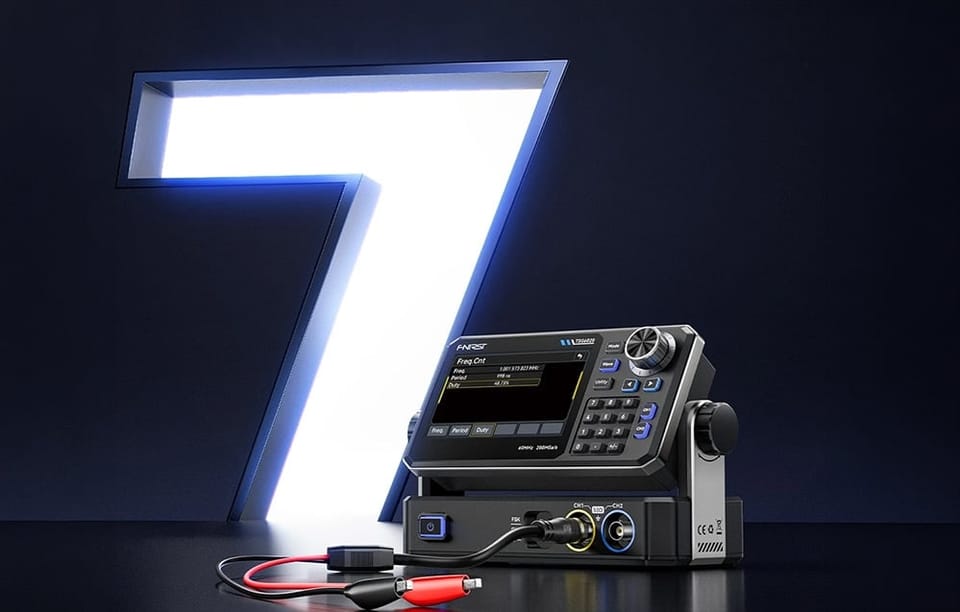 Generator funkcyjny z podłączonymi przewodami z krokodylkami na tle świecącej cyfry siedem.