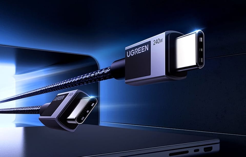 Zbliżenie na końcówki kabla USB-C marki UGREEN o mocy 240W