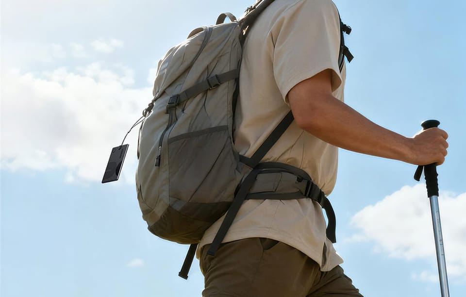 Mężczyzna z plecakiem i kijkiem trekkingowym z przyczepionym czarnym lokalizatorem Ugreen