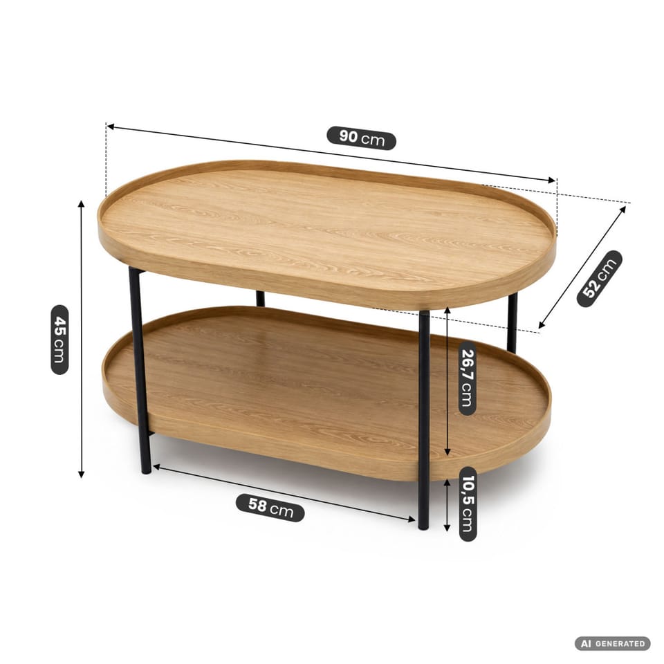 Stolik kawowy loftowy CORTADO 90 cm owalny z półką naturalne drewno czarne nogi