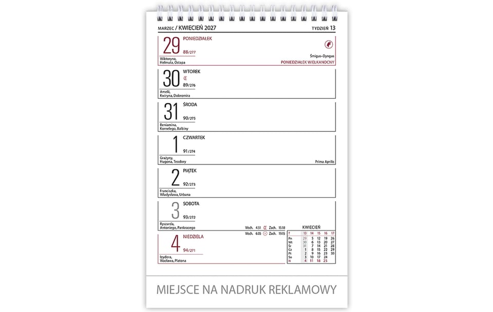 Kalendarz biurowy MERKURY H5 stojący pionowy 152x225mm 2027 TELEGRAPH