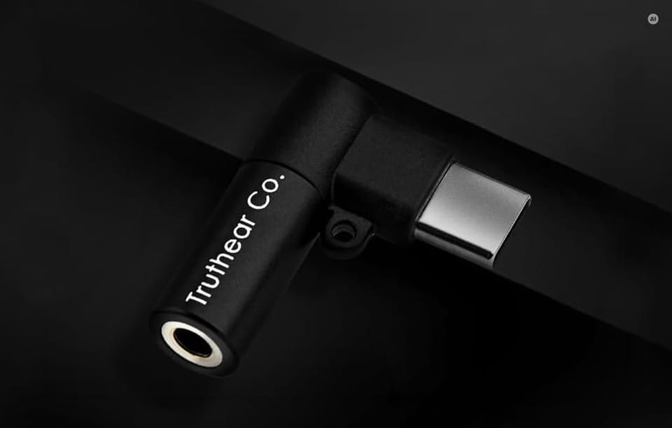 Zbliżenie na czarny przetwornik cyfrowo-analogowy Truthear z napisem Truthear Co. i wtykiem USB typu C na ciemnym tle.