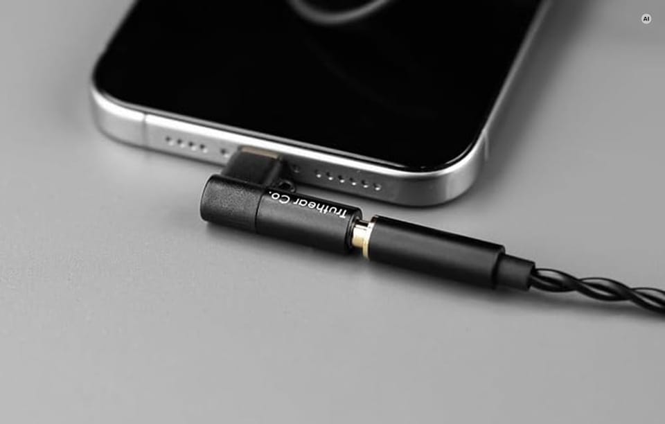 Kątowy przetwornik cyfrowo-analogowy podłączony do dolnej krawędzi smartfona, z podpiętym kablem słuchawkowym.