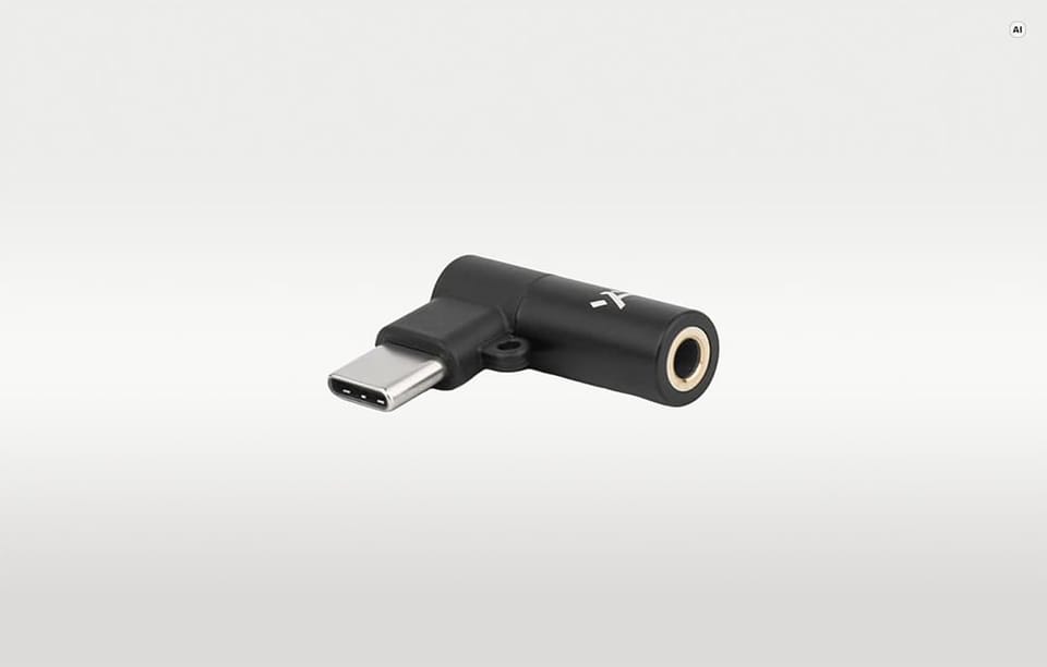 Kątowy przetwornik cyfrowo-analogowy w kolorze czarnym z widocznym gniazdem słuchawkowym i wtykiem USB typu C.
