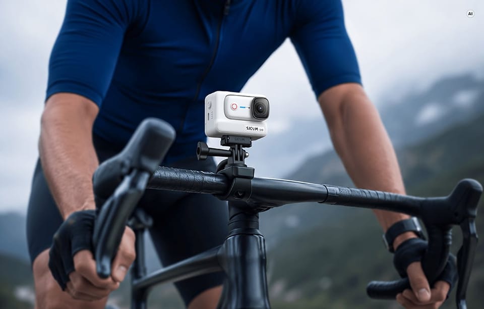 Kolarz szosowy z białą kamerą sportową SJCAM S10 zamontowaną na kierownicy roweru