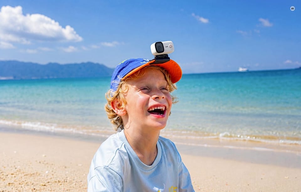 Uśmiechnięty chłopiec na plaży z mini kamerą SJCAM zamontowaną na daszku czapki