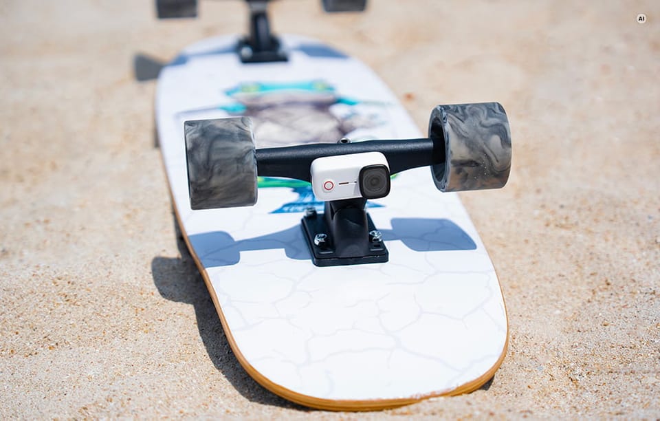 Mini kamera sportowa SJCAM zamontowana na deskorolce leżącej na piasku