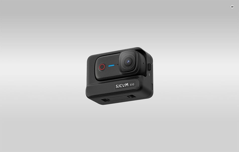 Czarna kamera sportowa SJCAM S10 w obudowie na szarym tle