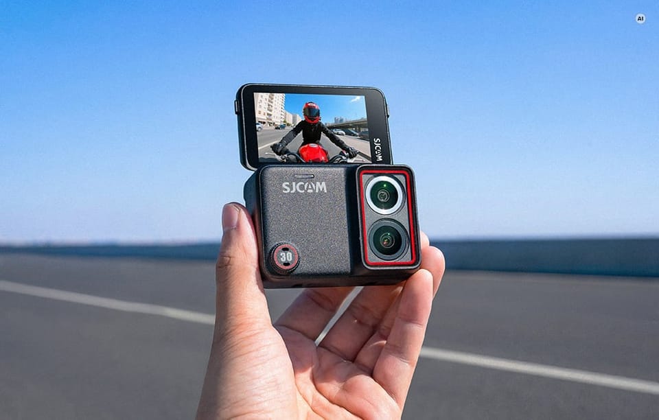 Dłoń trzymająca kamerę sportową SJCAM z podniesionym ekranem podglądowym na tle drogi.
