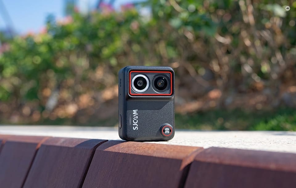 Kamera sportowa SJCAM ustawiona w pozycji pionowej na krawędzi parkowej ławki.