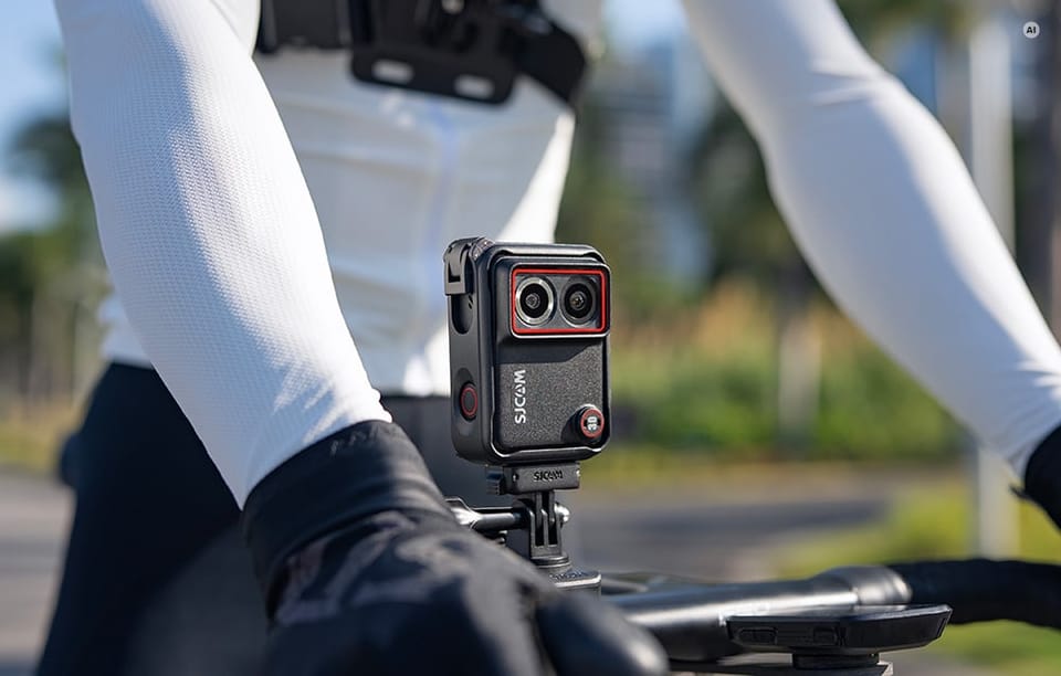 Czarna kamera sportowa SJCAM zamontowana na kierownicy roweru