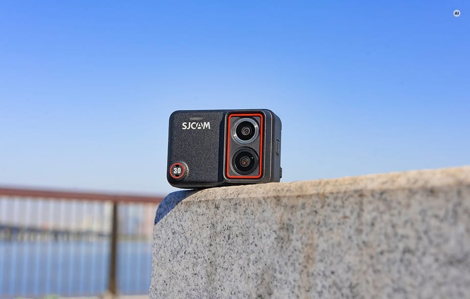 Kamera sportowa SJCAM z podwójnym obiektywem ustawiona na betonowym murku na tle błękitnego nieba.