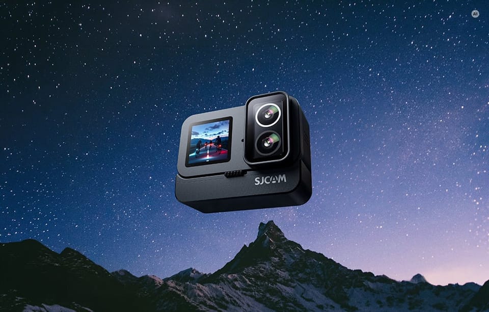 Kamera sportowa SJCAM z podświetlonym ekranem na tle gwieździstego nocnego nieba i gór.