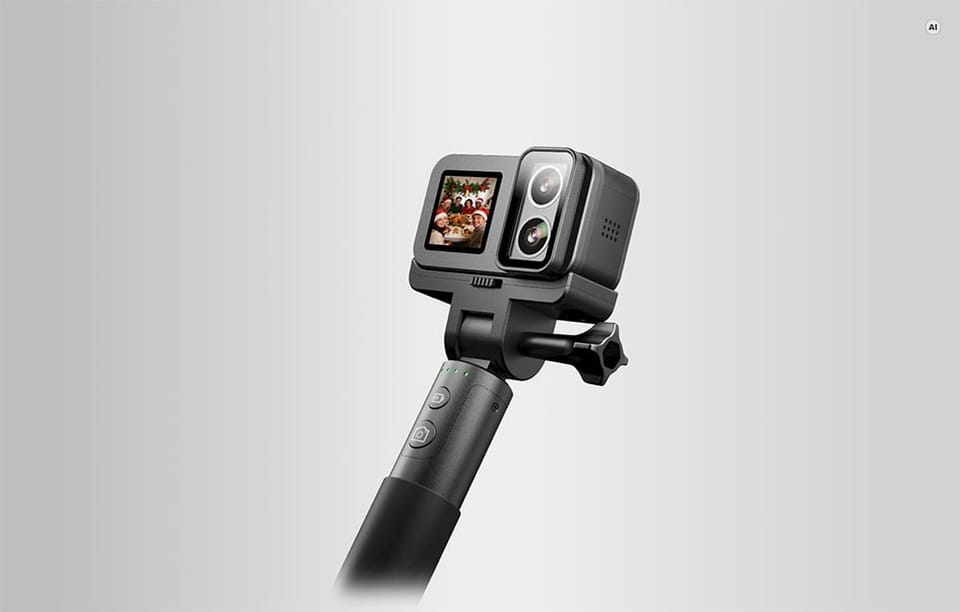 Kamera sportowa SJCAM na uchwycie z przyciskami sterującymi i podglądem zdjęcia na ekranie.