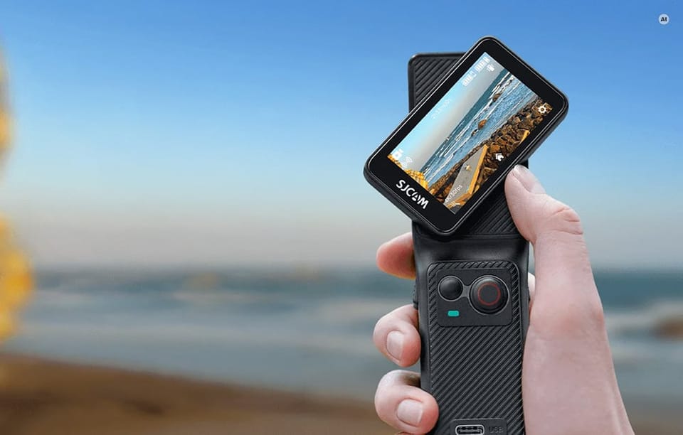 Zbliżenie na dłoń obracającą ekran dotykowy czarnej kamery SJCAM na tle plaży.