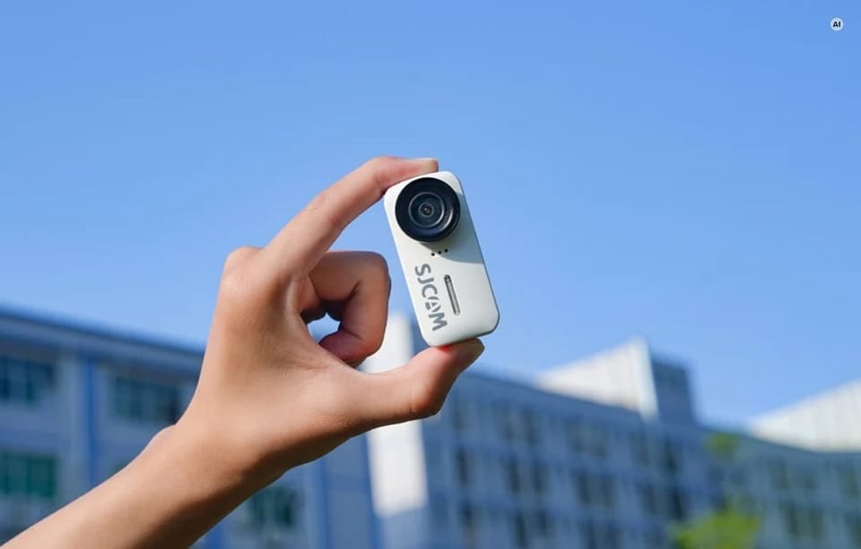 Dłoń trzymająca małą, białą kamerę sportową SJCAM na tle niebieskiego nieba i budynków.