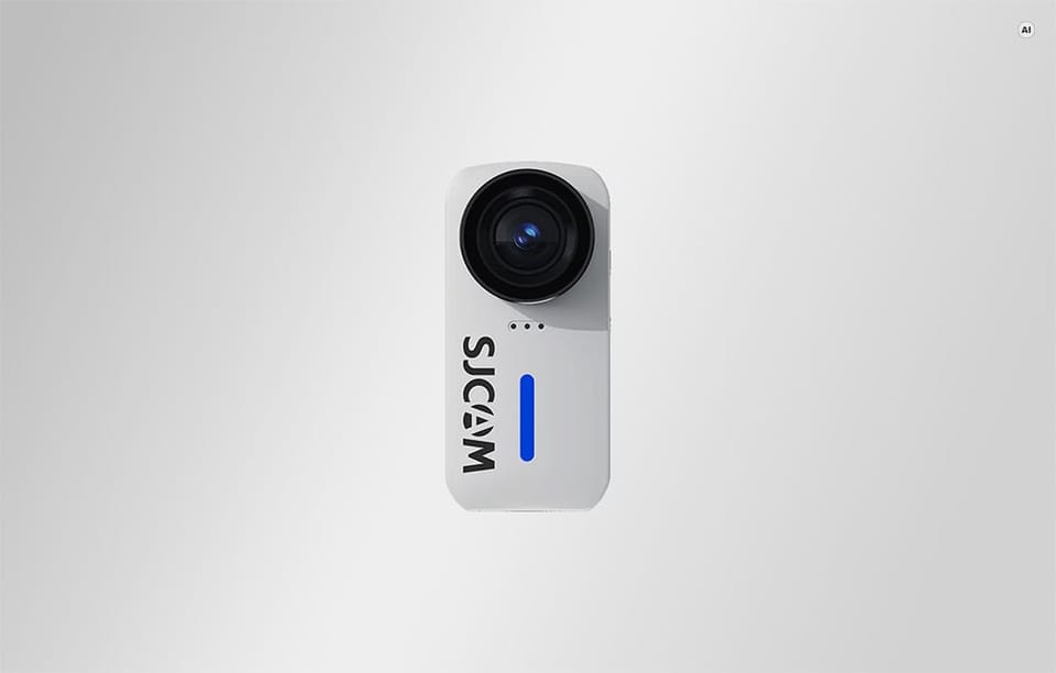 Biała, kompaktowa kamera sportowa SJCAM z obiektywem i logo, przedstawiona na jasnym tle.
