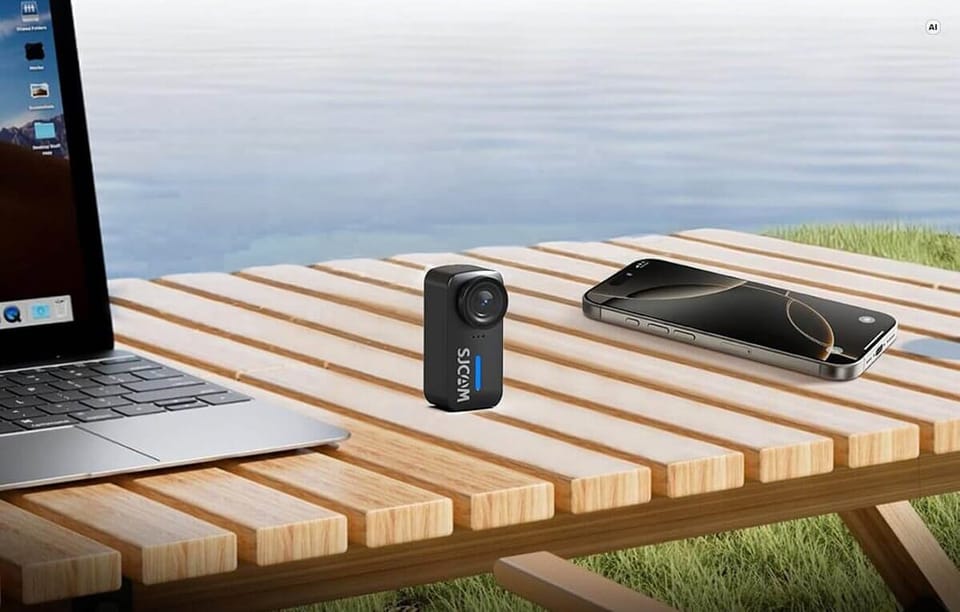 Czarna kamera SJCAM stoi na drewnianym stole obok smartfona i laptopa z widokiem na wodę.
