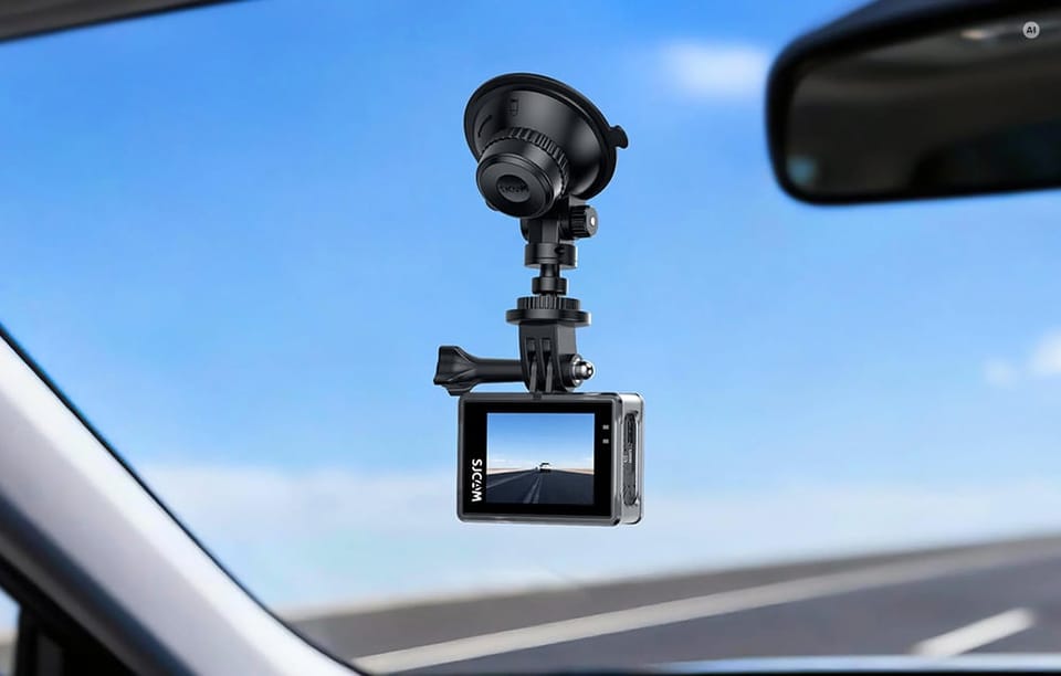 Kamera sportowa SJCAM zamontowana na przyssawce na przedniej szybie samochodu