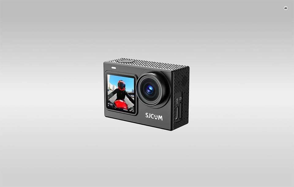 Czarna kamera sportowa SJCAM widok pod kątem z ekranem i obiektywem