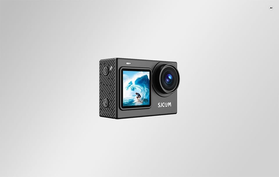 Czarna kamera sportowa SJCAM widok z boku z przednim wyświetlaczem