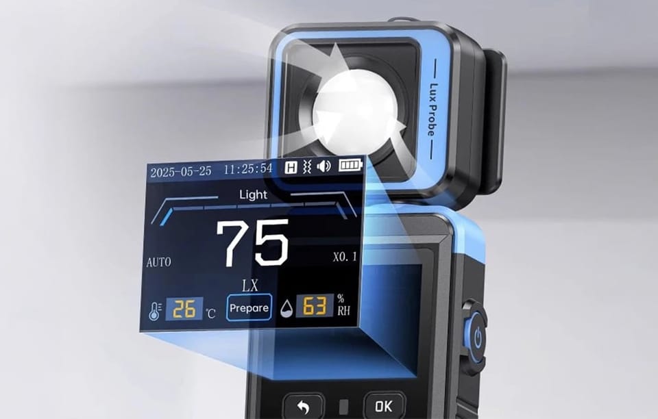 Zbliżenie na sensor luksomierza i kolorowy wyświetlacz LCD pokazujący pomiar natężenia światła 75 LX oraz temperaturę