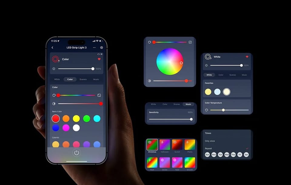 Interfejs aplikacji SwitchBot z paletą kolorów RGB, suwakami i presetami dla taśm LED
