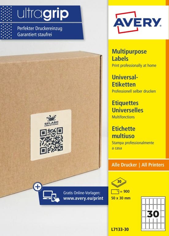 Etykiety do kodów QR papierowe z trwałym klejem białe 50x30mm (30 ark.) L7133-30 AVERY ZWECKFORM