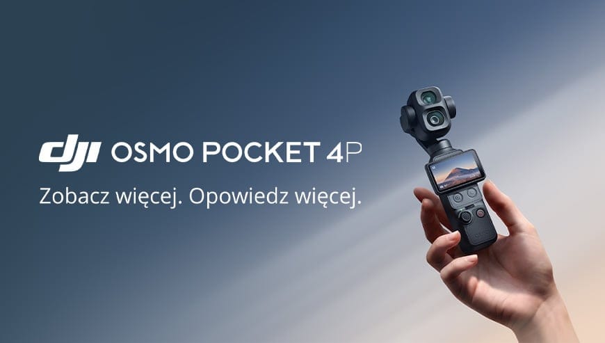 Dłoń trzymająca kieszonkową kamerę z ekranem, obok napis DJI Osmo Pocket 4P Zobacz więcej. Opowiedz więcej.