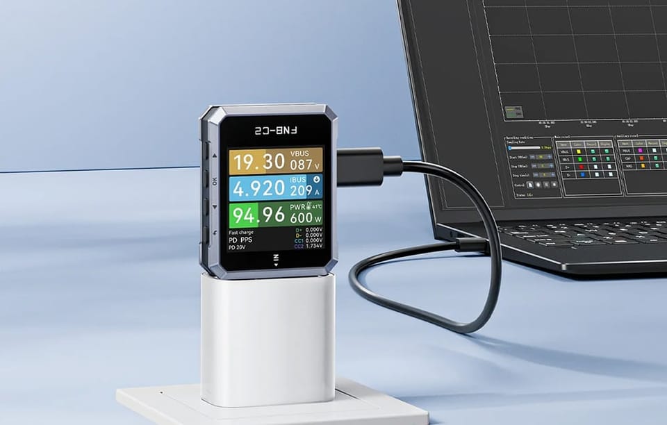 Tester USB wpięty do ładowarki i połączony czarnym przewodem z otwartym laptopem.