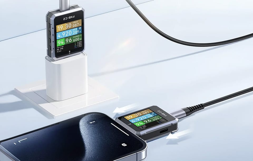 Dwa testery USB mierzące parametry ładowania: jeden przy ładowarce w gniazdku, drugi podłączony do smartfona.