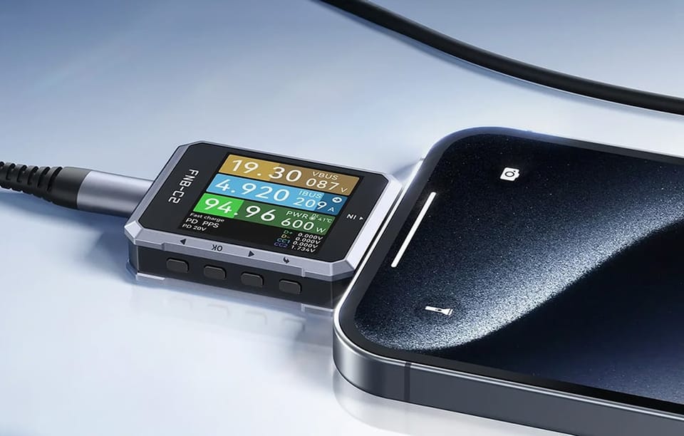 Tester USB z włączonym wyświetlaczem podłączony do smartfona oraz czarnego kabla zasilającego.