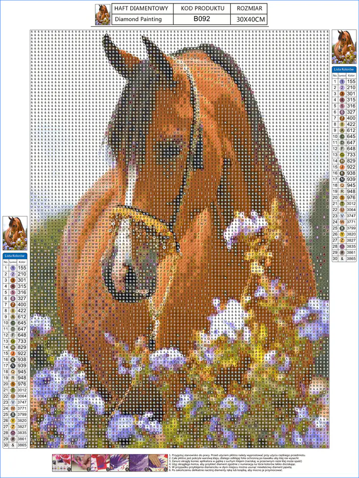 Haft Diamentowy, Obraz, Mozaika Diamentowa Diamond Painting, KOŃ - ŁĄKA 30x40cm