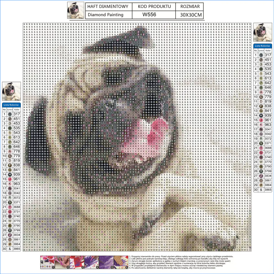 Haft Diamentowy, Obraz, Mozaika Diamentowa Diamond Painting, PIES MOPS 30x30cm