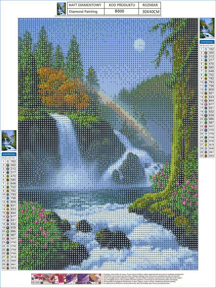 Haft Diamentowy, Obraz, Mozaika Diamentowa Diamond Painting, WODOSPAD Z TĘCZĄ 30x40cm