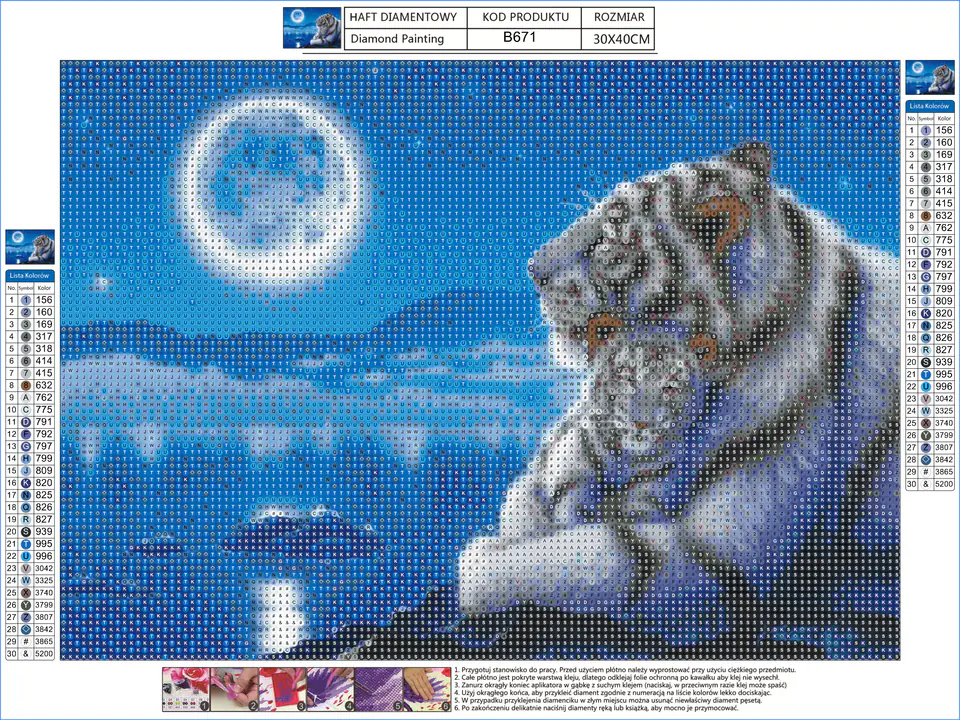 Diamond Embroidery, Painting, Diamond Mosaic Diamond Painting, WHITE TIGERS IN THE MOONLIGHT 40x30cm