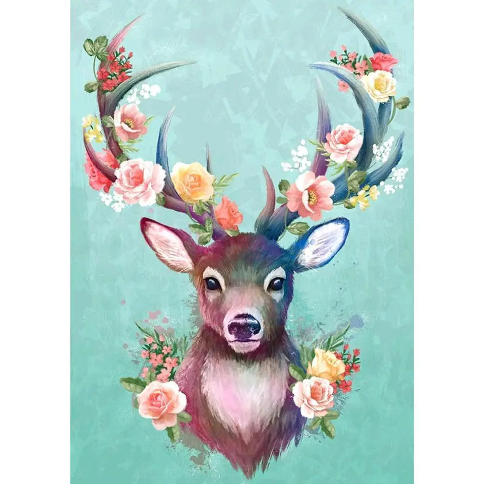 Haft Diamentowy, Obraz, Mozaika Diamentowa Diamond Painting, JELONEK - KWIECISTE POROŻE 30x40cm