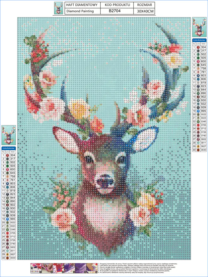 Diamond Embroidery, Painting, Diamond Mosaic Diamond Painting, DEER - FLOWERY ANTLERS 30x40cm