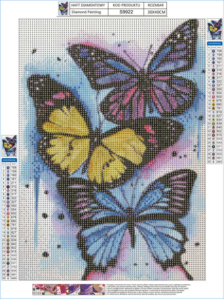 Haft Diamentowy, Obraz, Mozaika Diamentowa Diamond Painting, KOLOROWE MOTYLE 30x40cm