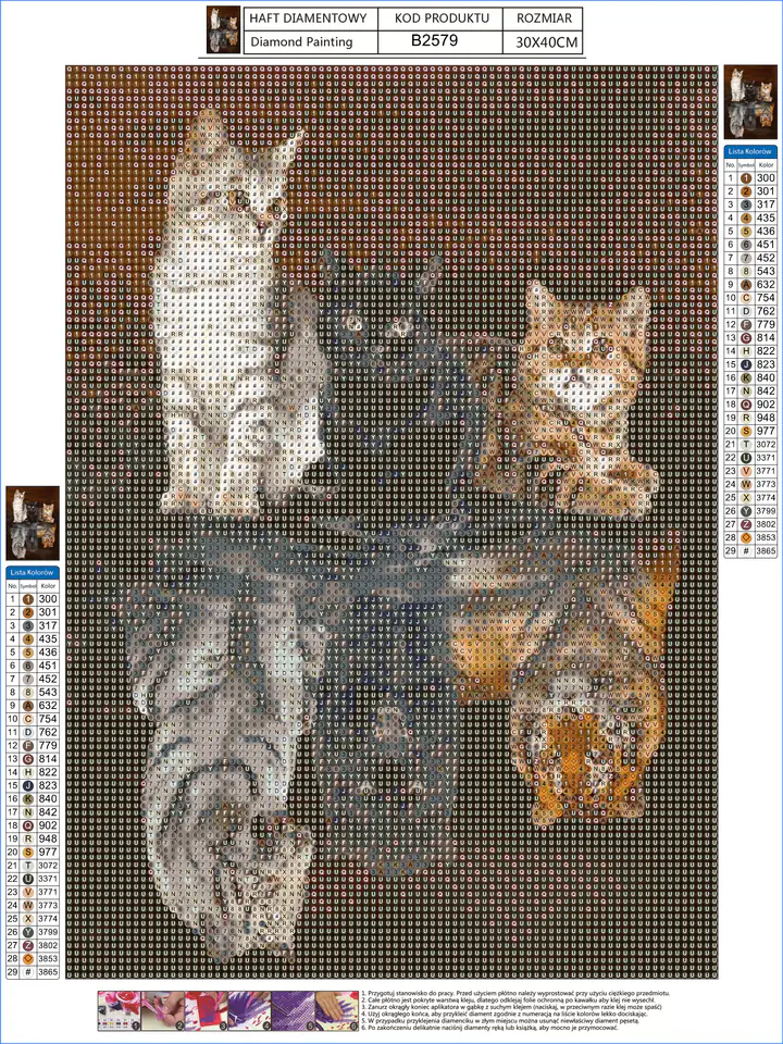 Haft Diamentowy, Obraz, Mozaika Diamentowa Diamond Painting, ODBICIE LUSTRZANE - TRZY KOTY 30x40cm