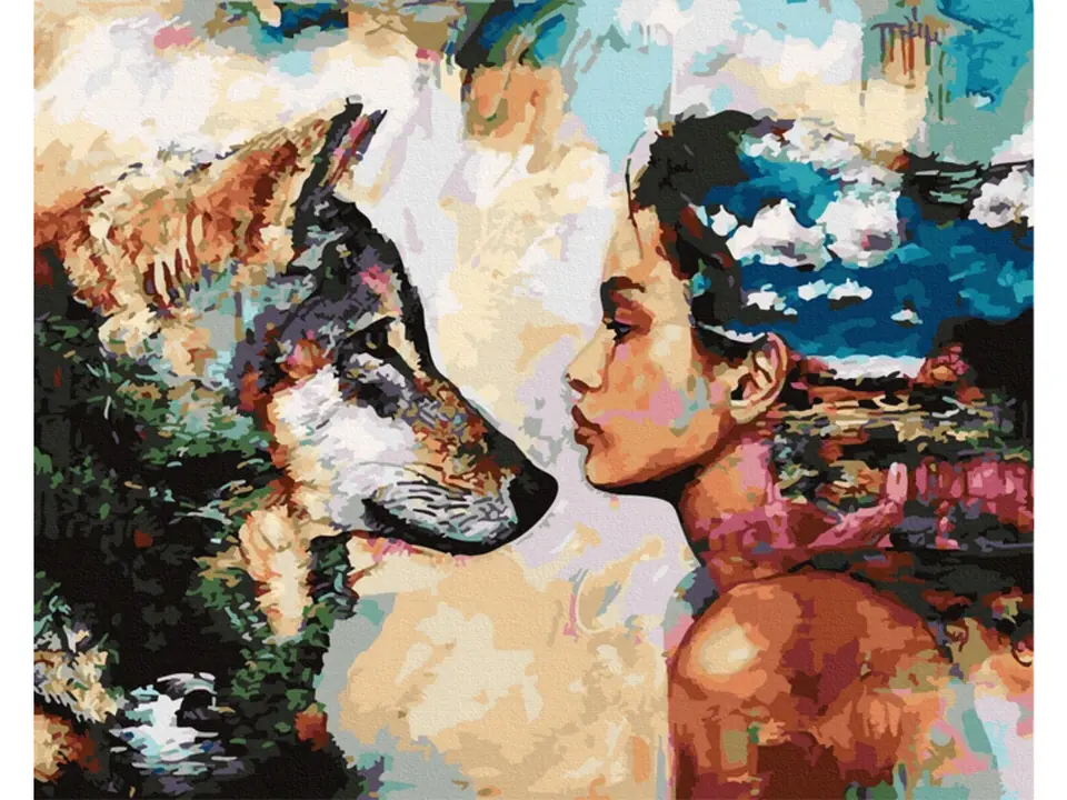 OBRAZ MALOWANIE PO NUMERACH RAMA 50x40cm SPOJRZENIE - WILK I KOBIETA