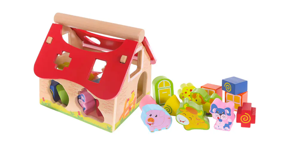 Drewniany domek, farma sorter z klockami ECOTOYS