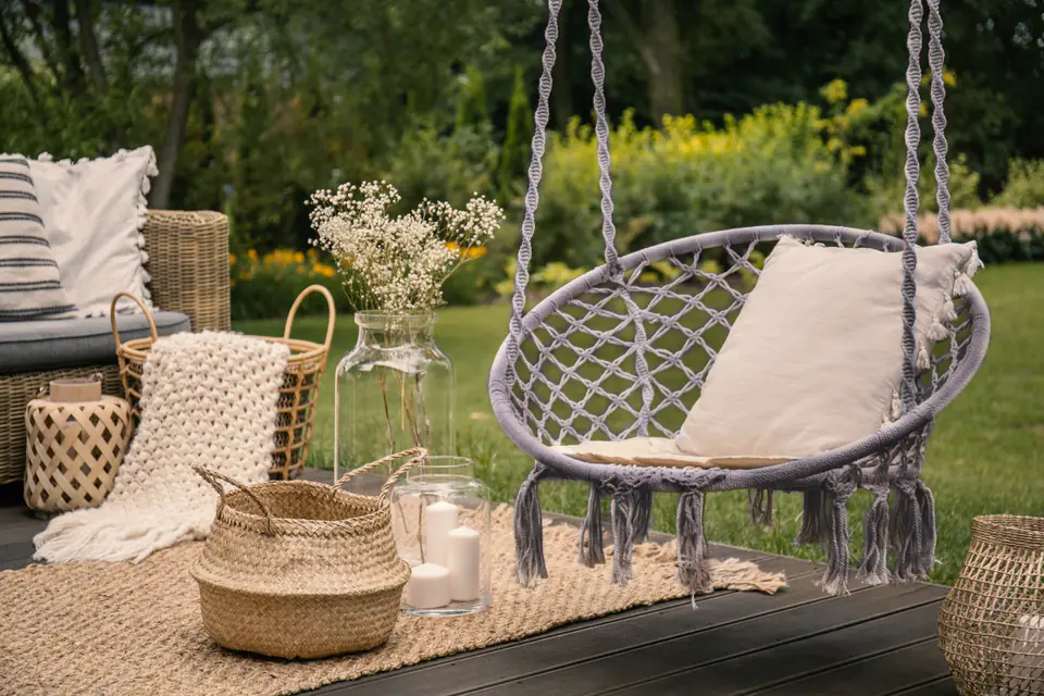 Fotel wiszący Boho huśtawka ogrodowa z poduszką szara