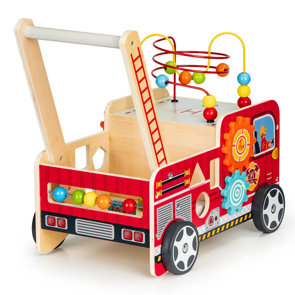 Wooden educational pusher with blocks for children - Fire Brigade